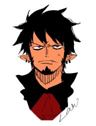 Rule 34 | 1boy, alternate eye color, black shirt, character name, collar, cropped torso, earrings, facial hair, facing viewer, fang, fangs, goatee, highres, jewelry, looking at viewer, male focus, mrjieshisu, one piece, popped collar, portrait, red eyes, sanpaku, shirt, short hair, sideburns, simple background, solo, sweatdrop, toned, toned male, trafalgar law, v-shaped eyebrows, vampire, very short hair, white background