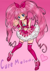 Rule 34 | 10s, 1girl, bad id, bad pixiv id, blue eyes, bow, character name, cure melody, eyelashes, frills, houjou hibiki, long hair, magical girl, pink background, pink bow, pink hair, precure, ryuminuu, solo, suite precure, thighhighs, twintails
