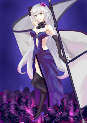 Rule 34 | :p, absurdres, arm behind head, armpits, bare shoulders, black gloves, bow choker, breasts, cqqz0707, dress, elbow gloves, fate/grand order, fate (series), flower, gloves, grey hair, hair flower, hair ornament, high heels, highres, jeanne d&#039;arc (fate), jeanne d&#039;arc alter (avenger) (fate), jeanne d&#039;arc alter (fate), long hair, medium hair, official alternate costume, purple footwear, skull, standard bearer, standing, standing on one leg, strapless, strapless dress, thighhighs, tongue, tongue out, very long hair, yellow eyes