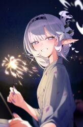 Rule 34 | 1girl, alternate costume, black hairband, blue archive, blurry, blush, commentary, depth of field, fingernails, floral print kimono, flower, folded ponytail, grey hair, grey kimono, hair flower, hair ornament, hairband, halo, highres, himari (blue archive), holding fireworks, japanese clothes, kimono, long fingernails, looking at viewer, mole, mole under eye, nail polish, night, night sky, pointy ears, purple eyes, purple nails, sky, smile, solo, symbol-only commentary, upper body, white hair, white halo, zanya 000