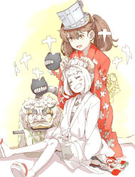 Rule 34 | 10s, 2girls, :d, ^ ^, abyssal ship, adjusting hair, ahoge, alternate costume, brown hair, closed eyes, colored skin, doll, enemy aircraft (kancolle), closed eyes, grin, hanten (clothes), haori, horns, japanese clothes, kantai collection, kimono, kneeling, lion dance, long hair, mittens, multiple girls, ninimo nimo, northern ocean princess, open mouth, ryuujou (kancolle), seaport princess, shikigami, shishimai, simple background, sitting, smile, twintails, visor cap, white background, white hair, white skin