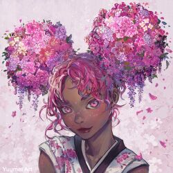 Rule 34 | 1girl, artist name, closed mouth, collarbone, commentary request, dark-skinned female, dark skin, floral print, flower, hair flower, hair ornament, highres, looking at viewer, original, parted bangs, pink eyes, pink flower, pink hair, portrait, purple flower, sleeveless, smile, solo, thick eyebrows, upper body, white flower, yuumei