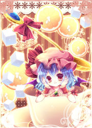 Rule 34 | 1girl, bat wings, blue hair, cake, cup, doily, female focus, flower, food, fruit, hat, head rest, highres, lemon, md5 mismatch, momomiya mion, red eyes, remilia scarlet, ribbon, rose, short hair, solo, spoon, striped, striped background, sugar cube, teacup, touhou, wings, wrist cuffs