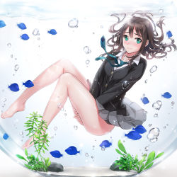 Rule 34 | 10s, 1girl, air bubble, barefoot, blush, brown hair, bubble, cardigan, clothes lift, embarrassed, feet, fish, fishbowl, floating hair, green eyes, highres, idolmaster, idolmaster cinderella girls, in container, jewelry, long hair, mignon, necklace, necktie, school uniform, shibuya rin, skirt, skirt lift, solo, underwater, v arms