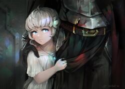 Rule 34 | 1boy, 1girl, anvi (anvhunt), armor, belt, black gloves, blue eyes, dress, ender lilies quietus of the knights, gloves, grey hair, hand on another&#039;s shoulder, highres, jewelry, knight, lily (ender lilies), long hair, looking at viewer, necklace, pendant, signature, solo focus, umbral knight (ender lilies), white dress
