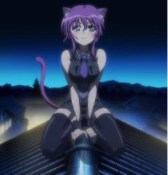 Rule 34 | 10s, 1girl, animal ears, black thighhighs, blue eyes, blush, cat ears, cat tail, dog days, highres, necktie, purple hair, rooftop, screencap, sleeveless, solo, stitched, tail, thighhighs, third-party edit, v arms, violet amaretto, violle amaret
