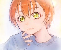 Rule 34 | 1girl, artist name, artist request, blue sweater, breasts, close-up, female focus, green eyes, hair between eyes, highres, hoshizora rin, long sleeves, looking at viewer, love live!, love live! school idol project, miwo classic, orange hair, parted lips, short hair, smile, solo, sweater, upper body, white background, yellow eyes