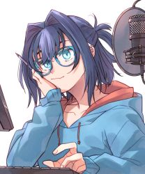 Rule 34 | 1girl, alternate costume, blue eyes, blue hair, blue hoodie, brmameng, earrings, fang, fingernails, glasses, hair intakes, highres, hololive, hololive english, hood, hoodie, jewelry, keyboard (computer), mechanical pencil, microphone, monitor, ouro kronii, pencil, piercing, pop filter, short hair, short ponytail, skin fang, virtual youtuber