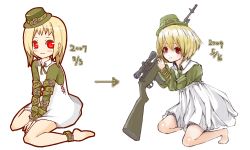 Rule 34 | barefoot, before and after, blonde hair, child, comparison, gun, hat, kneeling, military, military uniform, red eyes, rifle, simple background, skirt, smile, sniper rifle, soldier, uniform, weapon, yume (wig)