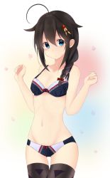 Rule 34 | 10s, 1girl, ahoge, bare shoulders, blue eyes, bow, braid, brown hair, cowboy shot, gluteal fold, hair between eyes, hair bow, hair flaps, kantai collection, long hair, looking at viewer, navel, red bow, shigure (kancolle), shigure kai ni (kancolle), single braid, solo, stomach, thigh strap, underwear, underwear only, yuki (yukin0128)