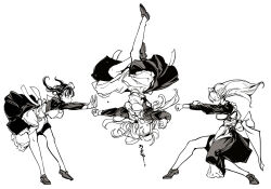 Rule 34 | &gt; &lt;, 3girls, apron, attack, capcom, chun-li, closed eyes, endou okito, fatal fury, frills, greyscale, highres, jumping, long hair, looking at another, maid headdress, monochrome, morrigan aensland, multiple girls, original, outstretched arms, scene reference, stance, street fighter, terry bogard, the king of fighters, tiptoes, twintails, upside-down, vampire (game)