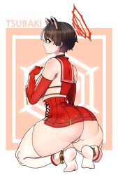 Rule 34 | absurdres, animal ears, ass, blue archive, breasts, choker, elbow gloves, extra ears, gintm, gloves, halo, hand on own chest, highres, huge breasts, japanese clothes, looking at viewer, looking back, panties, school uniform, short hair, squatting, thick thighs, thighhighs, thighs, tsubaki (blue archive), underwear