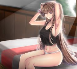 Rule 34 | 1girl, alternate costume, armpits, bed, blush, breasts, brown eyes, brown hair, cleavage, closed mouth, collarbone, covered erect nipples, crop top, crop top overhang, day, flower, groin, hair flower, hair ornament, hand in own hair, highres, hip focus, indoors, kantai collection, kome cola, large breasts, long hair, looking at viewer, navel, no bra, on bed, panties, ponytail, scrunchie, sideboob, sitting, smile, solo, stomach, thighs, underwear, very long hair, white panties, window, yamato (kancolle)