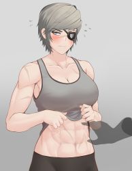 Rule 34 | 1girl, 1other, abs, absurdres, blush, breasts, cleavage, closed mouth, clothes lift, flying sweatdrops, green eyes, grey hair, grey shirt, highres, kya (kyamonhara), looking away, multiple scars, muscular, muscular female, original, scar, shirt, shirt lift, short hair, silhouette, sleeveless, tank top