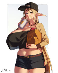 Rule 34 | 1girl, absurdres, bag, baseball cap, belt, black hat, black shorts, black tube top, blush, breasts, brown belt, brown jacket, cleavage, collarbone, commentary, cup, disposable cup, drinking straw, drinking straw in mouth, english commentary, hat, highres, holding, holding bag, holding cup, huge breasts, jacket, long pointy ears, midriff, mixed-language commentary, navel, naze, original, paper bag, pointy ears, shorts, signature, solo, strapless, tube top, wcdonald&#039;s, white background