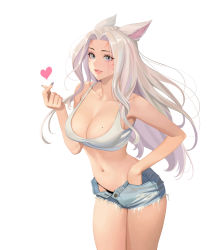 Rule 34 | 1girl, absurdres, animal ears, ass, warrior of light (ff14), bare shoulders, black panties, breasts, cleavage, commission, crop top, curvy, denim, denim shorts, facial mark, fictional persona, final fantasy, final fantasy xiv, grey eyes, hand in pocket, heart, heart hands, highres, hongcasso, large breasts, legs together, lips, lipstick, looking at viewer, makeup, miqo&#039;te, mole, mole on breast, monster girl, nail art, nail polish, navel, panties, panties under shorts, panty peek, parted bangs, short shorts, shorts, smile, solo, tank top, thighs, thong, torn clothes, torn shorts, underwear, white hair