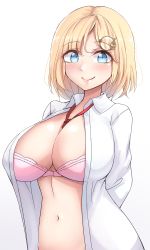 Rule 34 | 1girl, absurdres, blonde hair, blue eyes, blush, bra, breasts, highres, hololive, hololive english, large breasts, looking at viewer, mistynight, navel, necktie, open clothes, open shirt, pink bra, red necktie, shirt, short hair, smile, solo, stomach, underwear, virtual youtuber, watson amelia, white background, white shirt