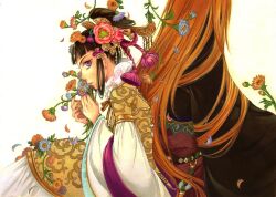 Rule 34 | 1boy, 1girl, armlet, back-to-back, bead bracelet, bead necklace, beads, beifen (pixiv439604), black hair, black robe, bracelet, closed mouth, earrings, flower, frills, from side, hair bun, hair flower, hair ornament, hair rings, hair tubes, hands up, head out of frame, height difference, holding, holding flower, jewelry, juuni kokuki, kyouki (juuni kokuki), layered sleeves, long hair, long sleeves, looking at viewer, necklace, orange hair, profile, ring, robe, short over long sleeves, short sleeves, shushou (juuni kokuki), simple background, single hair bun, sitting, stud earrings, tassel, traditional media, updo, very long hair, white background, wide sleeves