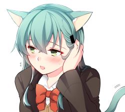 Rule 34 | 1girl, animal ears, aqua eyes, aqua hair, blazer, bow, bowtie, brown jacket, cat ears, cat tail, commentary request, hair ornament, hairclip, jacket, kantai collection, long hair, looking to the side, red bow, red bowtie, school uniform, simple background, solo, suzuya (kancolle), suzuya kai ni (kancolle), tail, teramoto kaoru, white background