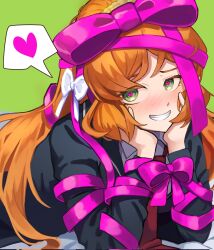 Rule 34 | 1girl, black jacket, blush, bound, collared shirt, commentary request, formal, green background, green eyes, grin, hair ribbon, hands on own cheeks, hands on own face, heart, heart-shaped pupils, highres, ille (xcpa7325), ishmael (project moon), jacket, korean commentary, limbus company, long hair, long sleeves, necktie, nose blush, orange hair, pink ribbon, pink shoes (project moon), project moon, red necktie, ribbon, ribbon bondage, shirt, smile, solo, speech bubble, spoken heart, suit, symbol-shaped pupils, white ribbon, white shirt