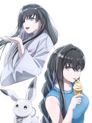 Rule 34 | 1girl, animalization, black hair, blue eyes, blue sweater, braid, braided ponytail, breasts, cropped torso, earrings, fang, hair between eyes, highres, holding food, holding ice cream, ice cream, ice cream cone, itsudzumi, japanese clothes, jewelry, kimono, kyokou suiri, large breasts, looking at viewer, multiple views, ribbed sweater, sleeveless, sleeveless sweater, solo, straight hair, sweater, tongue, tongue out, upper body, white background, white hair, white kimono, white rabbit (animal), yuki-onna (kyokou suiri), yuki onna