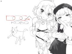 Rule 34 | 2girls, :x, beret, breasts, crossover, detached sleeves, dog, double middle finger, doga kobo, dress, fang, flower, greyscale, hair flower, hair ornament, hat, hatoba tsugu, highres, kokkoro (princess connect!), long sleeves, looking at viewer, ltotyht, middle finger, monochrome, multiple girls, open mouth, pointy ears, princess connect!, see-through, see-through sleeves, short hair, simple background, sketch, skin fang, skirt, small breasts, suspender skirt, suspenders, tsugu (vtuber), virtual youtuber