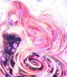 Rule 34 | 1girl, bare arms, bare shoulders, black dress, blue eyes, breasts, cleavage, dress, female focus, flower, hair flower, hair ornament, hairband, kina (446964), large breasts, long hair, looking at viewer, looking to the side, megurine luka, neck, petals, pink hair, solo, strapless, strapless dress, very long hair, vocaloid, wavy hair
