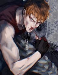 Rule 34 | 1boy, black gloves, bleeding, blood, blood on hands, nosebleed, blue eyes, brown hair, busujima rio mason, camouflage, camouflage pants, clenched hand, dog tags, fingerless gloves, gloves, highres, hypnosis mic, la la la la, looking at viewer, male focus, outdoors, pants, sleeveless, toned