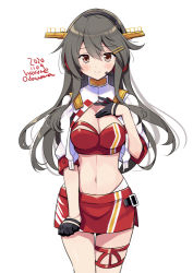 Rule 34 | 1girl, bandeau, black hair, blush, brown eyes, closed mouth, dated, hair between eyes, hairband, haruna (kancolle), headgear, headphones, kantai collection, long hair, odawara hakone, one-hour drawing challenge, race queen, red bandeau, simple background, smile, solo, thigh strap, twitter username, white background