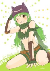 Rule 34 | 1girl, belt, blush, boots, bra strap, breasts, brown belt, brown eyes, brown footwear, brown headwear, cleavage, commentary request, deviruchi hat, fingerless gloves, full body, gloves, grass, green gloves, green hair, green scarf, green shorts, green tube top, grin, hat, kobold (ragnarok online), looking at viewer, low twintails, medium breasts, midriff, miyan (shamigame), navel, one eye closed, palm tree, pouch, ragnarok masters, ragnarok online, ranger (ragnarok online), scarf, short hair, shorts, sitting, smile, solo focus, star (symbol), strapless, tree, tube top, twintails, wariza