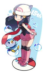 Rule 34 | 1girl, absurdres, bad id, bad pixiv id, beanie, black hair, black shirt, boots, bubble, closed mouth, commentary request, creatures (company), dawn (pokemon), game freak, gen 4 pokemon, grey eyes, hair ornament, hairclip, hat, highres, leaning forward, long hair, mitsu (mitu 328), nintendo, over-kneehighs, pink footwear, pink skirt, piplup, pokemon, pokemon (creature), pokemon dppt, red scarf, scarf, shirt, signature, skirt, sleeveless, sleeveless shirt, smile, standing, thighhighs, white headwear