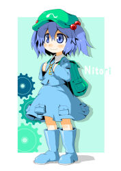Rule 34 | 1girl, backpack, bag, blue eyes, blue hair, blush, boots, character name, female focus, gears, hair bobbles, hair ornament, hat, hecchi (blanch), kawashiro nitori, key, matching hair/eyes, pocket, randoseru, rubber boots, shirt, skirt, skirt set, smile, solo, touhou, twintails, two side up