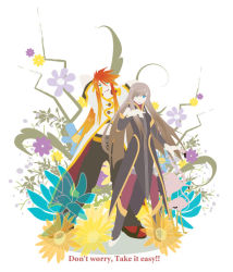 Rule 34 | 1boy, 1girl, bird, blue eyes, brown hair, flamingo, flat color, flower, long hair, luke fon fabre, mi jinko, midriff, no lineart, no outlines, red hair, tales of (series), tales of the abyss, tear grants, thighhighs, very long hair