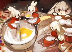Rule 34 | 4girls, :o, animal ears, apron, berry, blush, bow, bowl, butter, capelet, cooking, dress, egg (food), flour, food, hair bow, hair ornament, hairclip, highres, hood, hooded capelet, jam, kitchen, long hair, low-tied long hair, mini person, minigirl, mixing, multiple girls, open mouth, original, parted lips, peeking, rabbit, rabbit ears, rabbit girl, red eyes, shirokujira, table, thick eyebrows, whisk, white hair