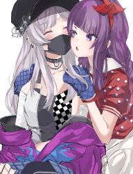 Rule 34 | 2girls, :o, ^ ^, absurdres, amanaoshii, black mask, cheek-to-cheek, closed eyes, cosplay, costume switch, closed eyes, face-to-face, greyscale, hands on another&#039;s shoulders, heads together, highres, idolmaster, idolmaster shiny colors, jacket, jacket partially removed, looking at another, monochrome, multiple girls, polka dot, polka dot shirt, puffy short sleeves, puffy sleeves, purple hair, purple jacket, red shirt, shirt, short sleeves, simple background, tanaka mamimi, white background, yukoku kiriko