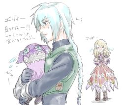 Rule 34 | 1boy, 1girl, armor, blue eyes, blue hair, boots, braid, brown hair, crying, dress, elize lutus, closed eyes, frills, long hair, necklace, short hair, tales of (series), tales of rebirth, tales of xillia, tears, teepo (tales), veigue lungberg