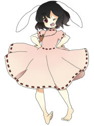 Rule 34 | 1girl, animal ears, bad id, bad pixiv id, barefoot, black hair, carrot, carrot necklace, dress, female focus, full body, hands on own hips, head tilt, inaba tewi, jewelry, looking at viewer, necklace, one eye closed, open mouth, pendant, pink usagi, rabbit ears, red eyes, short hair, short sleeves, simple background, solo, touhou, white background, wink