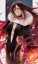 Rule 34 | 1girl, absurdres, black choker, black dress, black jacket, blood, breasts, brown hair, choker, commentary request, dress, fate/grand order, fate (series), fire, floating hair, fur-trimmed jacket, fur trim, highres, injury, jacket, long hair, looking at viewer, medium breasts, minoe08, multicolored hair, outside border, pillarboxed, red eyes, red hair, revealing clothes, solo, twitter username, two-tone hair, very long hair, wide sleeves, yu mei-ren (fate)
