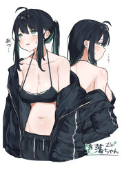 Rule 34 | ...?, 1girl, absurdres, black bra, black hair, black jacket, black pants, blush, bra, breasts, cleavage, commentary request, cropped legs, green eyes, green hair, hair between eyes, highres, jacket, large breasts, long hair, midorino (green-happy), multiple views, off shoulder, open clothes, open jacket, original, pants, parted lips, ponytail, sidelocks, simple background, sports bra, stomach, sweat, track jacket, translation request, underwear, white background