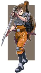Rule 34 | 1girl, absurdres, alien (series), alien vs. predator, armor, belt, belt buckle, boots, breasts, brown hair, buckle, closed mouth, colonial marine, elbow pads, fingerless gloves, full body, gloves, gun, high ponytail, highres, holding, holding sword, holding weapon, katana, knee pads, linn kurosawa, long hair, looking at viewer, military, military uniform, orange pants, outline, pants, phlogiston drow, ponytail, predator (series), red eyes, science fiction, sheath, simple background, solo, standing, sword, uniform, very long hair, weapon, white outline