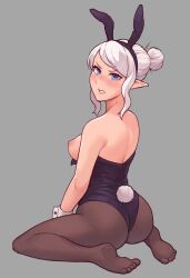 Rule 34 | 1girl, absurdres, animal ears, bare arms, bare shoulders, black leotard, black pantyhose, blue eyes, blush, breasts, clenched teeth, commentary, fake animal ears, female focus, from behind, full body, grey background, grey hair, hair bun, highres, leotard, looking at viewer, looking back, medium breasts, nipples, no shoes, original, pantyhose, playboy bunny, rabbit tail, simple background, single hair bun, sitting, sneakveek, solo, tail, teeth, wariza, wrist cuffs