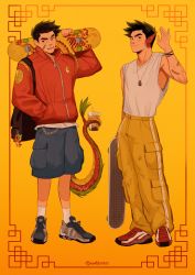 Rule 34 | 1boy, aged up, american dragon jake long, animal charm, armpits, backpack, bag, bandaid, bandaid on arm, bandaid on face, black eyes, black hair, black nails, border, bubble tea, bug, butterfly, cargo pants, cargo shorts, carrying over shoulder, chain, dragon, dragon boy, dragon tail, drink, eastern dragon, fangs, framed, full body, hand in pocket, hand up, highres, holding, holding drink, holding skateboard, insect, jacket, jake long, jewelry, charm (object), looking at viewer, looking to the side, male focus, multiple views, nail polish, padeliciouss, pants, patch, pendant, pointy ears, red border, shirt, shirt tucked in, shoes, short hair, shorts, skateboard, sleeveless, sleeveless shirt, sneakers, socks, solo, spiked hair, tail, talking, tiger, track jacket, transformation, tube socks, twitter username, white shirt, white socks, wristband, yellow background, zipper, zipper pull tab