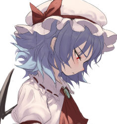 Rule 34 | 1girl, ascot, bat wings, blue hair, brooch, fkey, hat, hat ribbon, jewelry, looking down, mob cap, profile, puffy short sleeves, puffy sleeves, red eyes, red ribbon, remilia scarlet, ribbon, short sleeves, simple background, solo, touhou, white background, wings