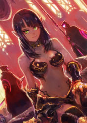Rule 34 | 1girl, 2others, absurdres, armor, bare shoulders, bikini, bikini armor, black hair, boots, breasts, choker, earrings, gauntlets, green eyes, highres, indoors, jewelry, looking at viewer, medium breasts, medium hair, multiple others, navel, okuto, original, pointy ears, sitting, smile, solo focus, swimsuit, thigh boots, thighhighs, warrior