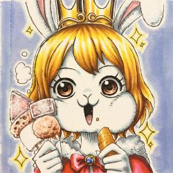 Rule 34 | 1girl, :3, blonde hair, blush, breasts, brown eyes, carrot (one piece), cheek bulge, crown, daichan op, eating, food, happy, highres, holding, holding food, looking at viewer, oda eiichirou (style), official style, one piece, open mouth, rabbit ears, rabbit girl, short hair, simple background, smile, solo, upper body