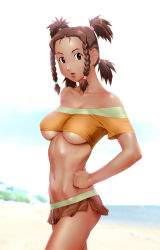 Rule 34 | 1girl, bare shoulders, beach, braid, breasts, brown eyes, brown hair, collarbone, dark-skinned female, dark skin, hand on own hip, hip focus, long hair, looking at viewer, md5 mismatch, midriff, moonbay, navel, no bra, ocean, open mouth, resolution mismatch, short shorts, shorts, solo, source larger, twin braids, ueyama michirou, underboob, zoids, zoids chaotic century