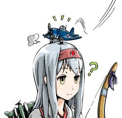 Rule 34 | 1girl, ?, boburii, bow (weapon), brown eyes, commentary request, f4u corsair, hairband, japanese clothes, kantai collection, landing, long hair, shoukaku (kancolle), weapon, white background, white hair, you&#039;re doing it wrong