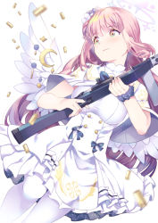 Rule 34 | 1girl, blue archive, blush, breasts, bullet, closed mouth, dress, finger on trigger, flower, frills, gun, hair flower, hair ornament, holding, holding gun, holding weapon, long hair, medium breasts, mika (blue archive), pantyhose, pink hair, shell casing, smile, solo, takano itsuki, very long hair, weapon, white background, white pantyhose, wrist cuffs, yellow eyes