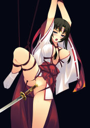 Rule 34 | 1girl, arms up, bdsm, black hair, blush, bondage, bound, breasts, grey eyes, highres, japanese clothes, large breasts, leg up, miko, murakami suigun, musha miko tomoe, nipple slip, nipples, object insertion, pussy, queen&#039;s blade, rope, shibari, solo, sword, tabi, tomoe (queen&#039;s blade), tomoe (queen's blade), uncensored, weapon, weapon insertion