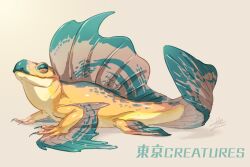 Rule 34 | animal focus, claws, fins, fish tail, from side, full body, half-closed eyes, lizard, no humans, original, reptile girl, signature, simple background, solo, spots, tail, yamamura le, yellow background, yellow eyes